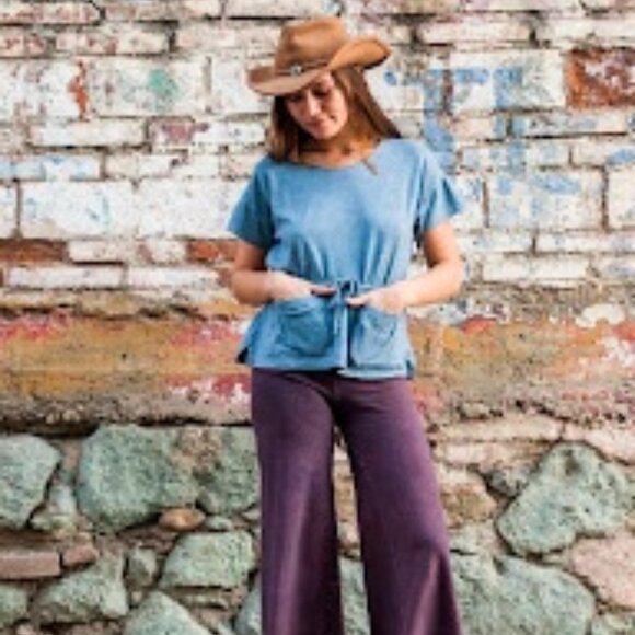 Small Olive Bohemian Folk Hacienda Top in Jersey Hemp Cotton Blend - Picture 5 of 6